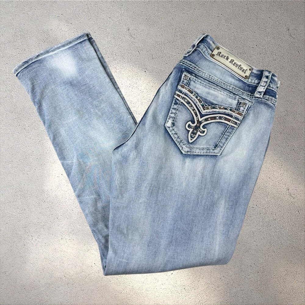 Rock Revival Brunella Easy Straight Jeans Women's 33 Bling Y2K Buckle